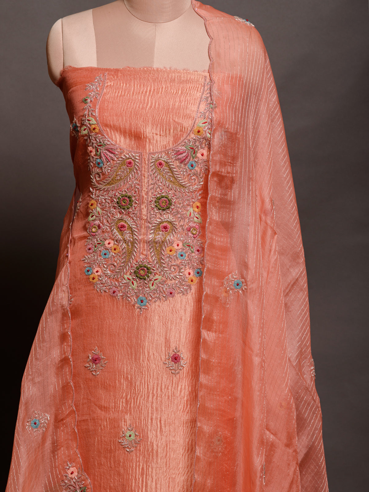 Rust Orange Resham Embroidered Kurta Set with Sequins Details - Unstitched