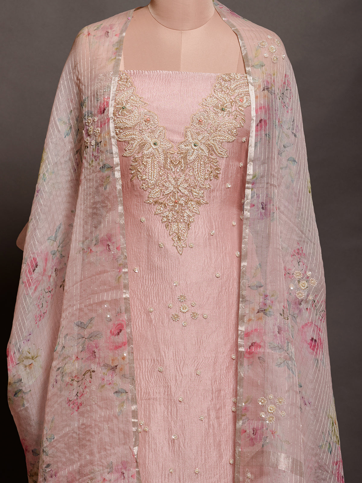 Women's Peach Tissue Kurta Set with Chir & Moti Work - Unstitched