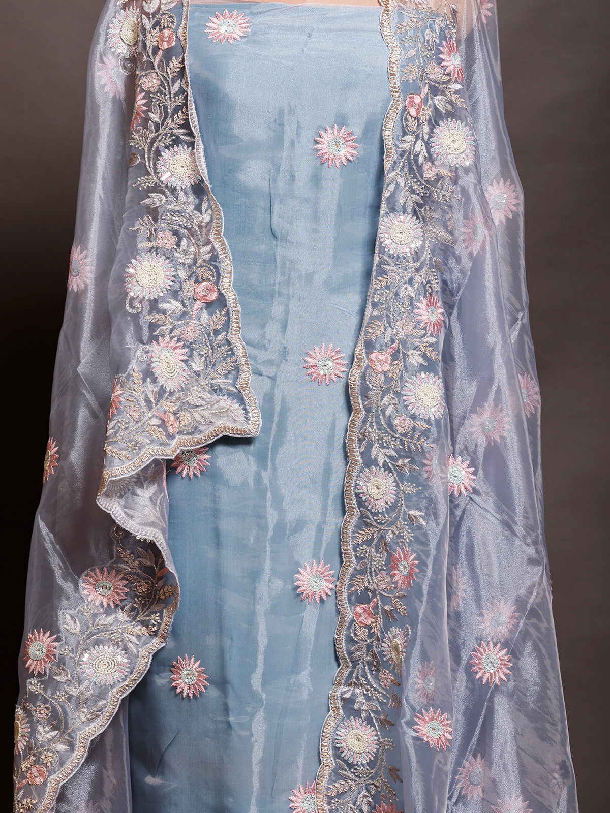 Unstitched Blue Kurta Set with Parsi Embroidery