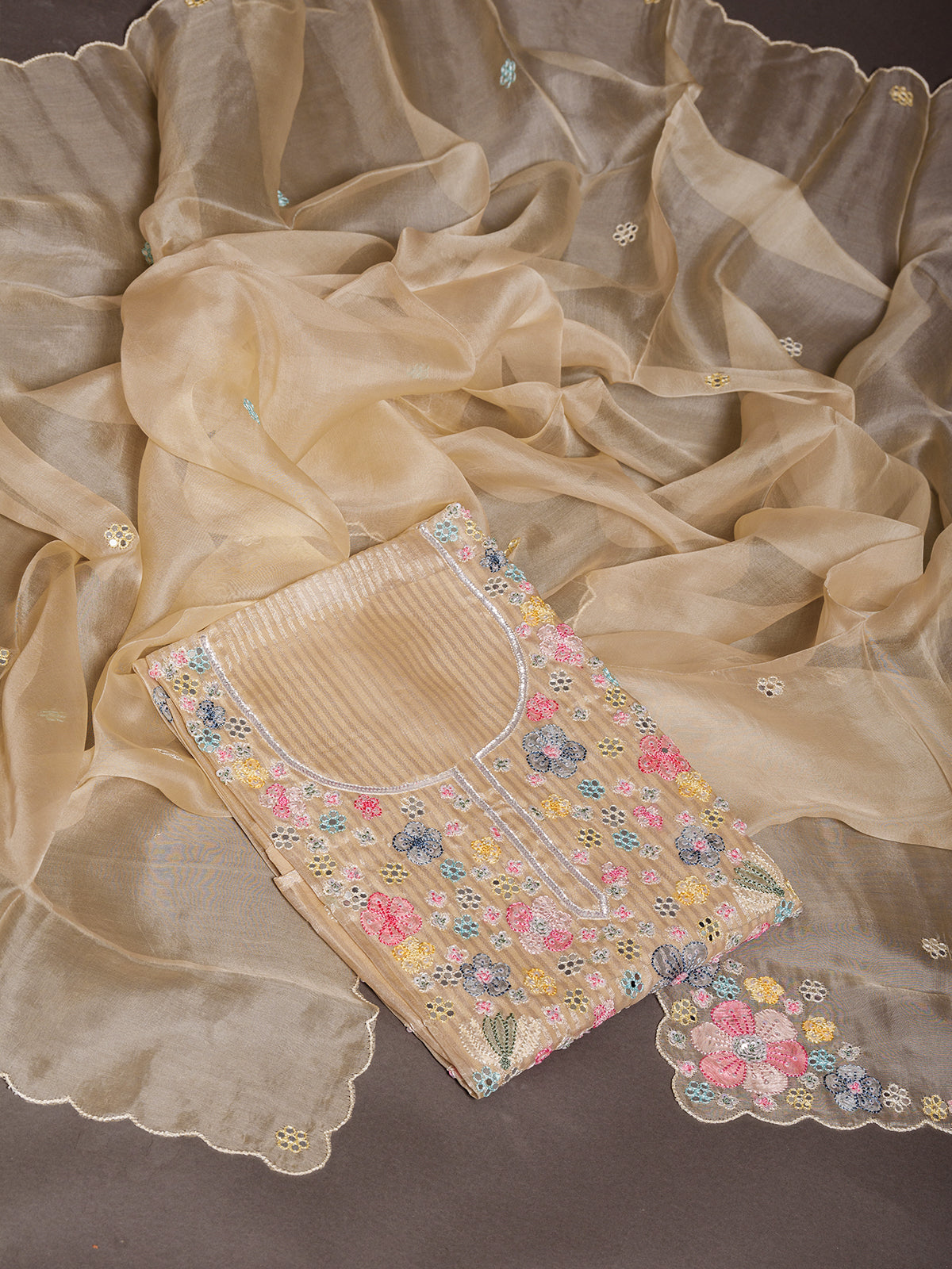 Cream White Shadow Embroidered Organza Kurta Set - Unstitched