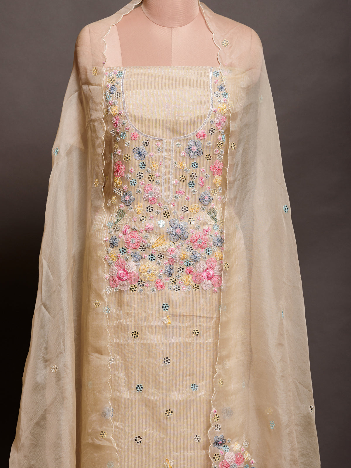 Cream White Shadow Embroidered Organza Kurta Set - Unstitched