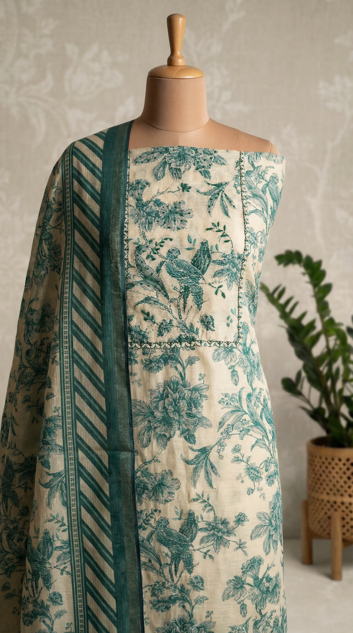 Resham Embroidery Green Chanderi Unstitched Suit Set