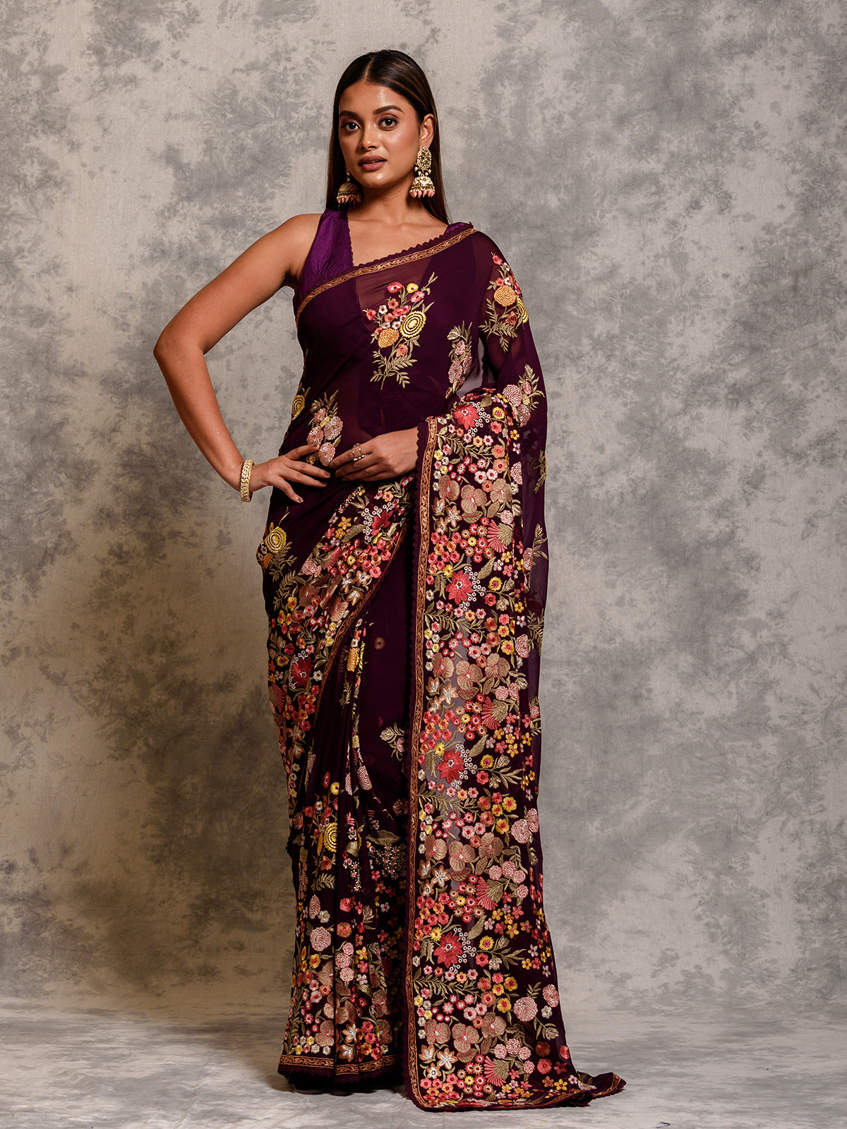 Wine Purple Georgette Resham Embroidered Saree