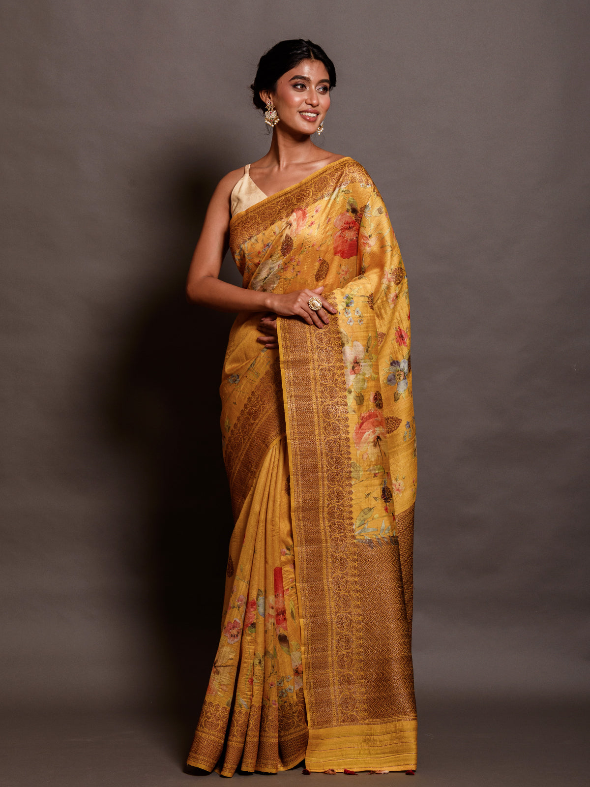 Mustard Yellow Printed Handloom Tussar Saree