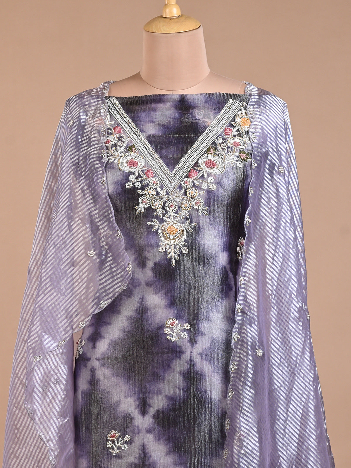 Purple Tissue Kurta Set with Zardoshi Work - Unstitched