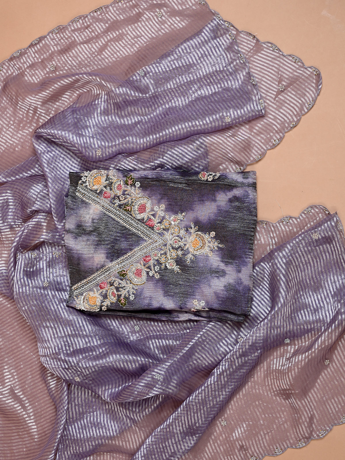 Purple Tissue Kurta Set with Zardoshi Work - Unstitched