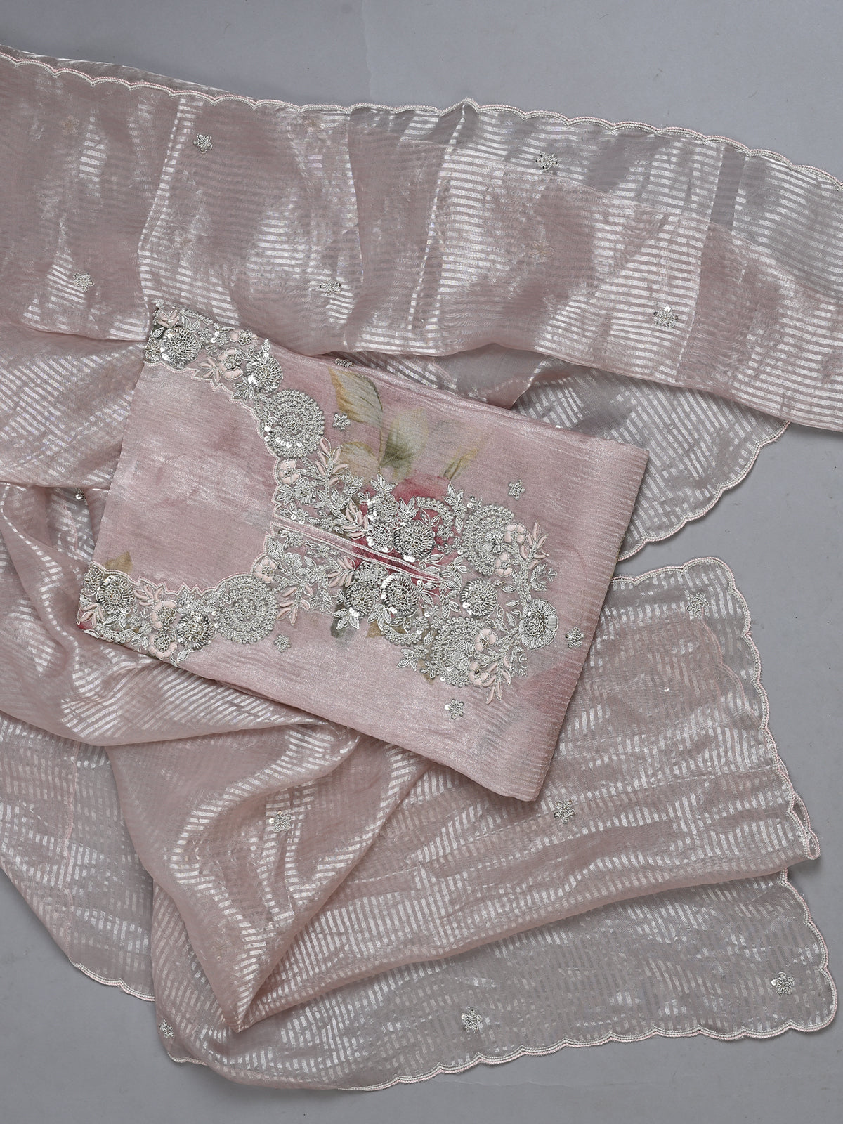 Sequins Detailed Pink Tissue Kurta Embroidred with Resham Work - Unstitched