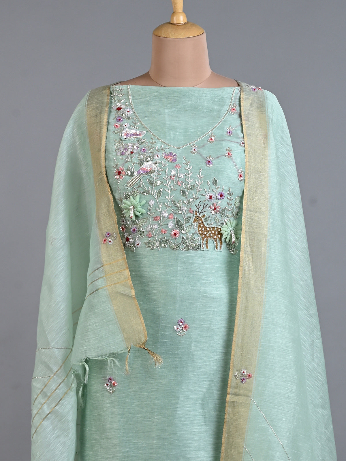 Sage Green Linen Cutdana Kurta Set Detailed with Resham Work - Unstitched