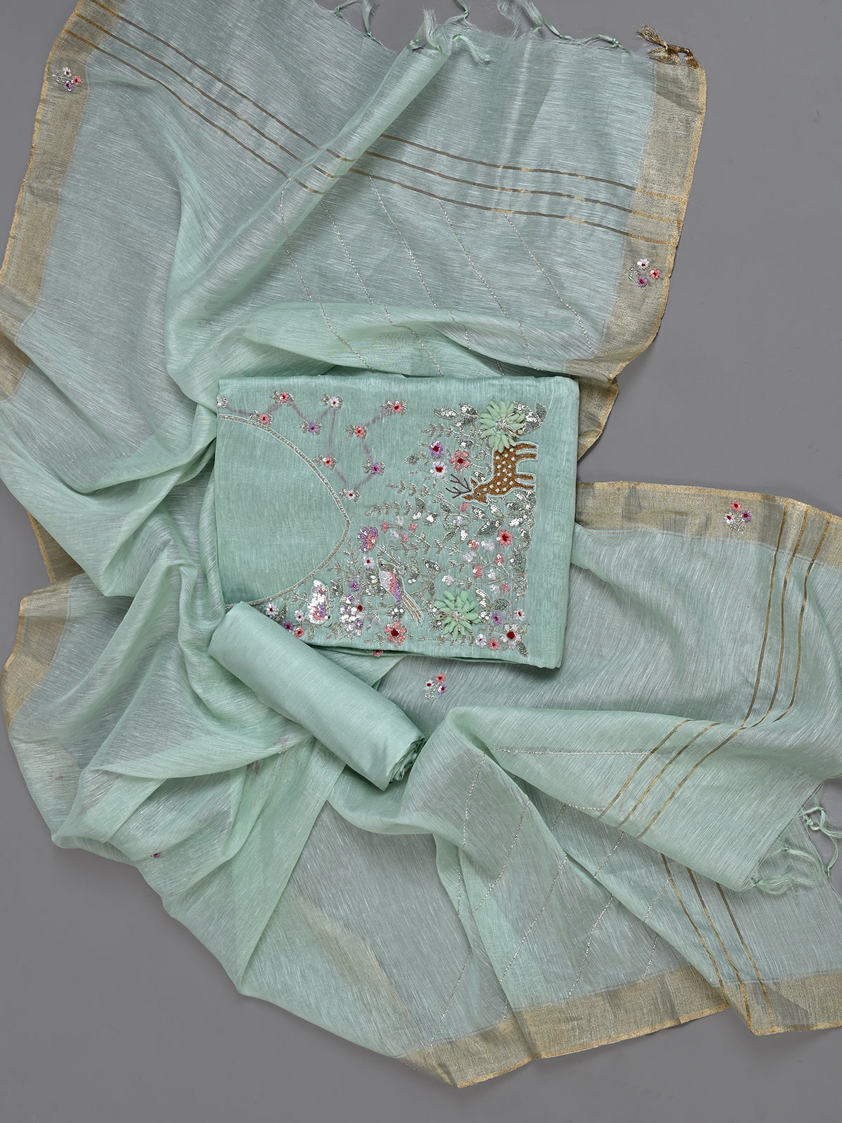 Sage Green Linen Cutdana Kurta Set Detailed with Resham Work - Unstitched