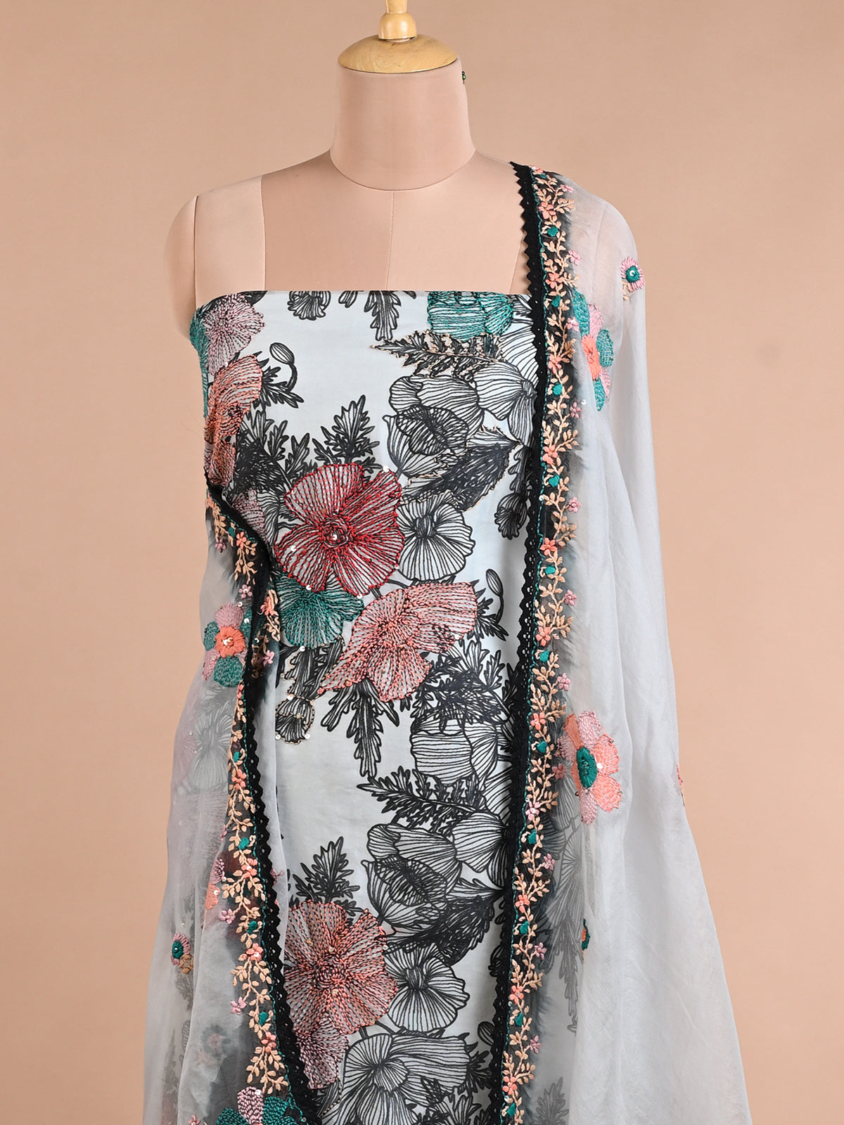 Black & White Resham Embroidered Organza Kurta Set with Thread Work - Unstitched