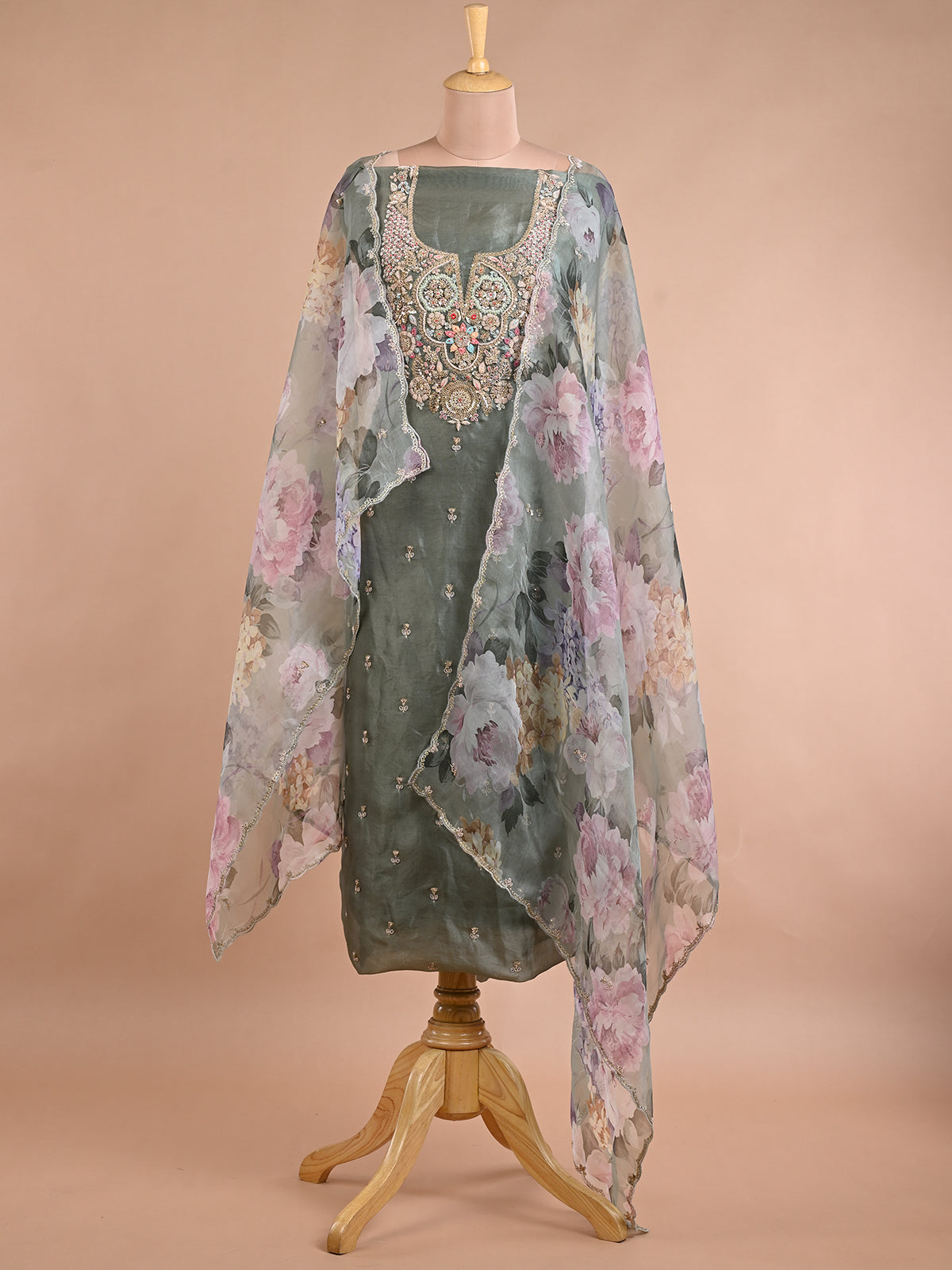 Sage Green Organza Printed Kurta Set with Zardozi Work - Unstitched