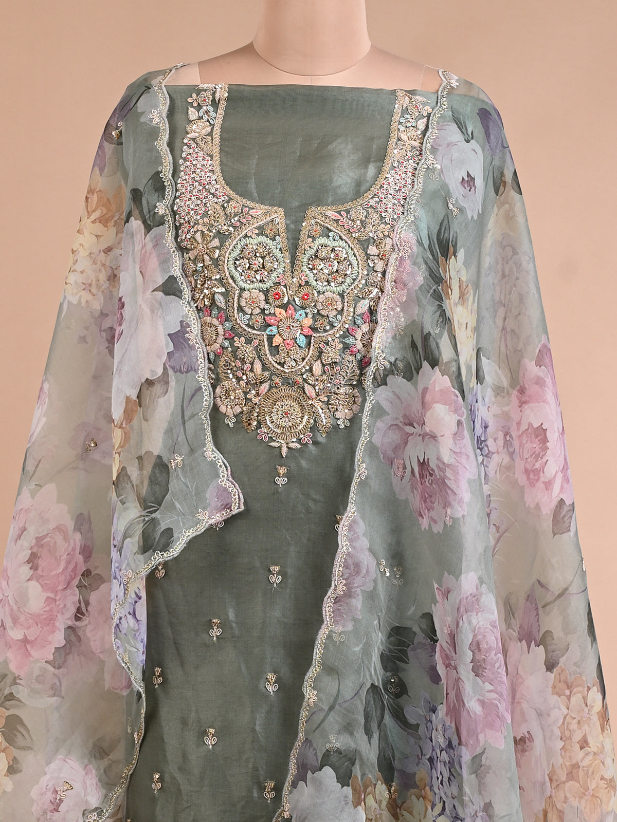 Sage Green Organza Printed Kurta Set with Zardozi Work - Unstitched