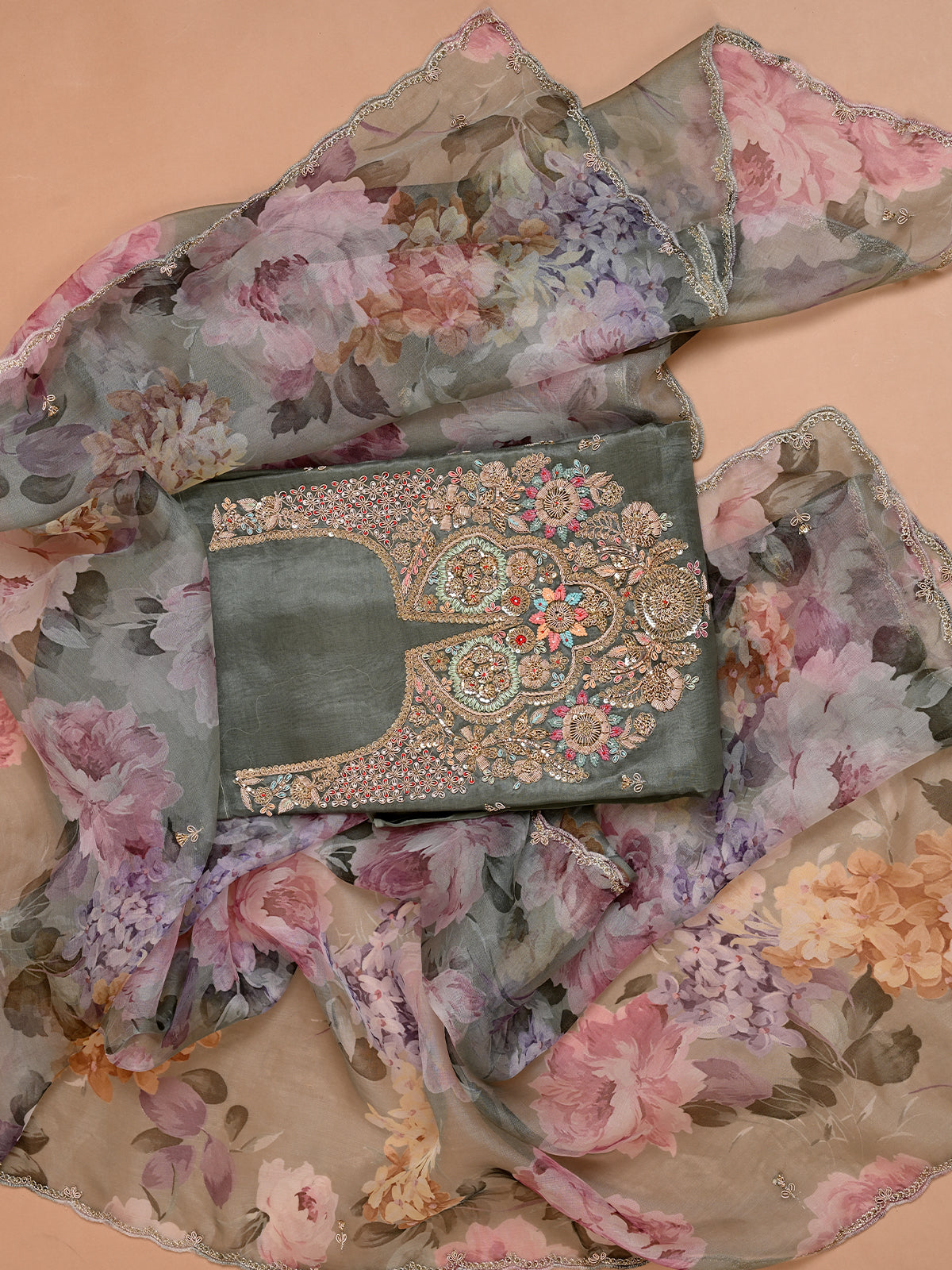 Sage Green Organza Printed Kurta Set with Zardozi Work - Unstitched
