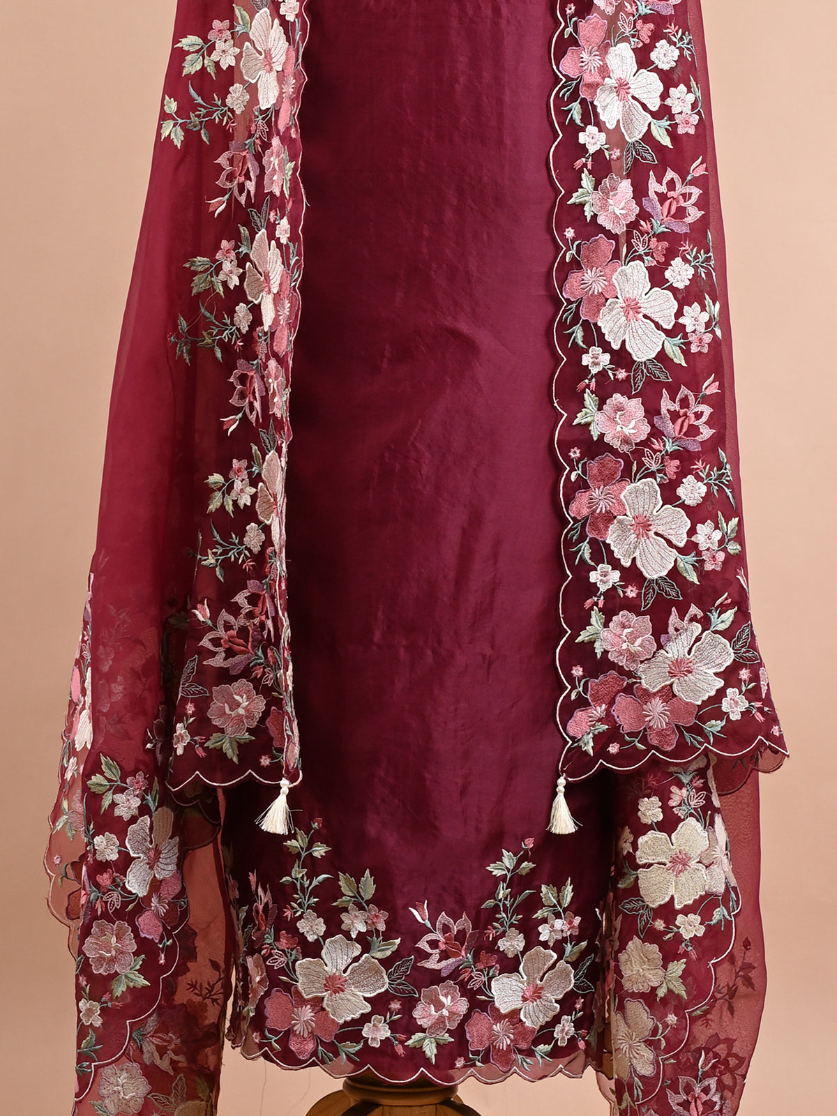 Maroon Parsi Embroidered Elegant Kurta Set - Unstitched