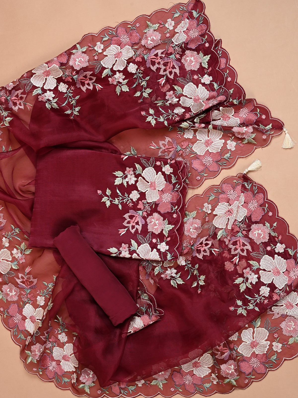 Maroon Parsi Embroidered Elegant Kurta Set - Unstitched