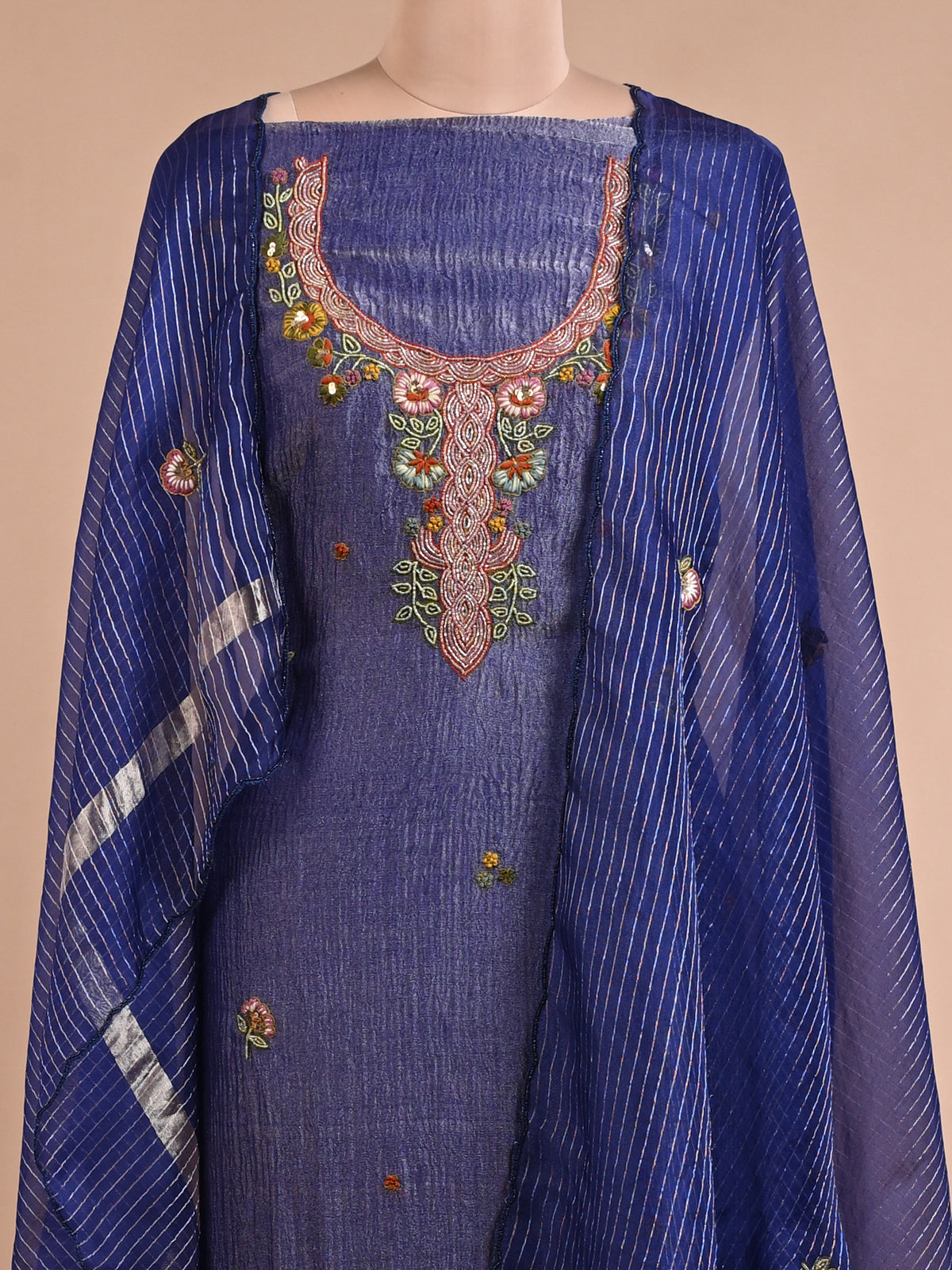 Sapphire Blue Sequinned & Cutdana Kurta Set with Chir Work - Unstitched