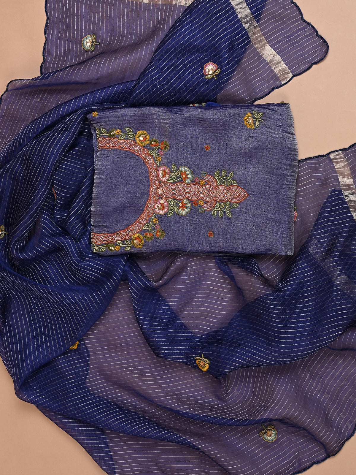 Sapphire Blue Sequinned & Cutdana Kurta Set with Chir Work - Unstitched