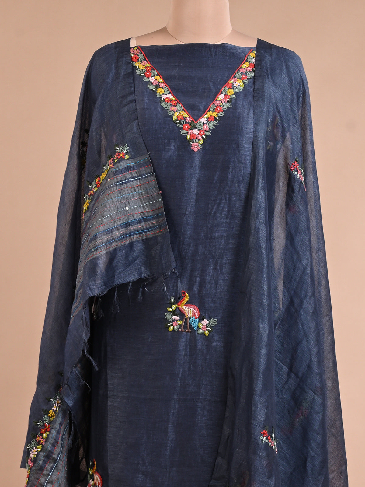 Deep Blue Linen Kurta Set with Resham Embroidery - Unstitched