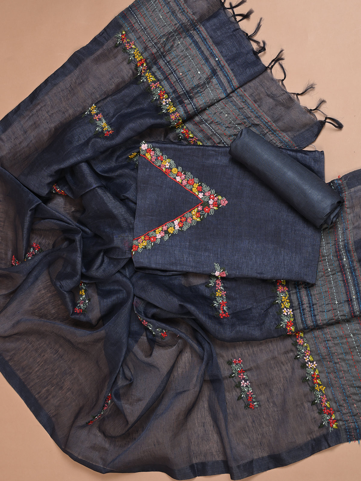 Deep Blue Linen Kurta Set with Resham Embroidery - Unstitched