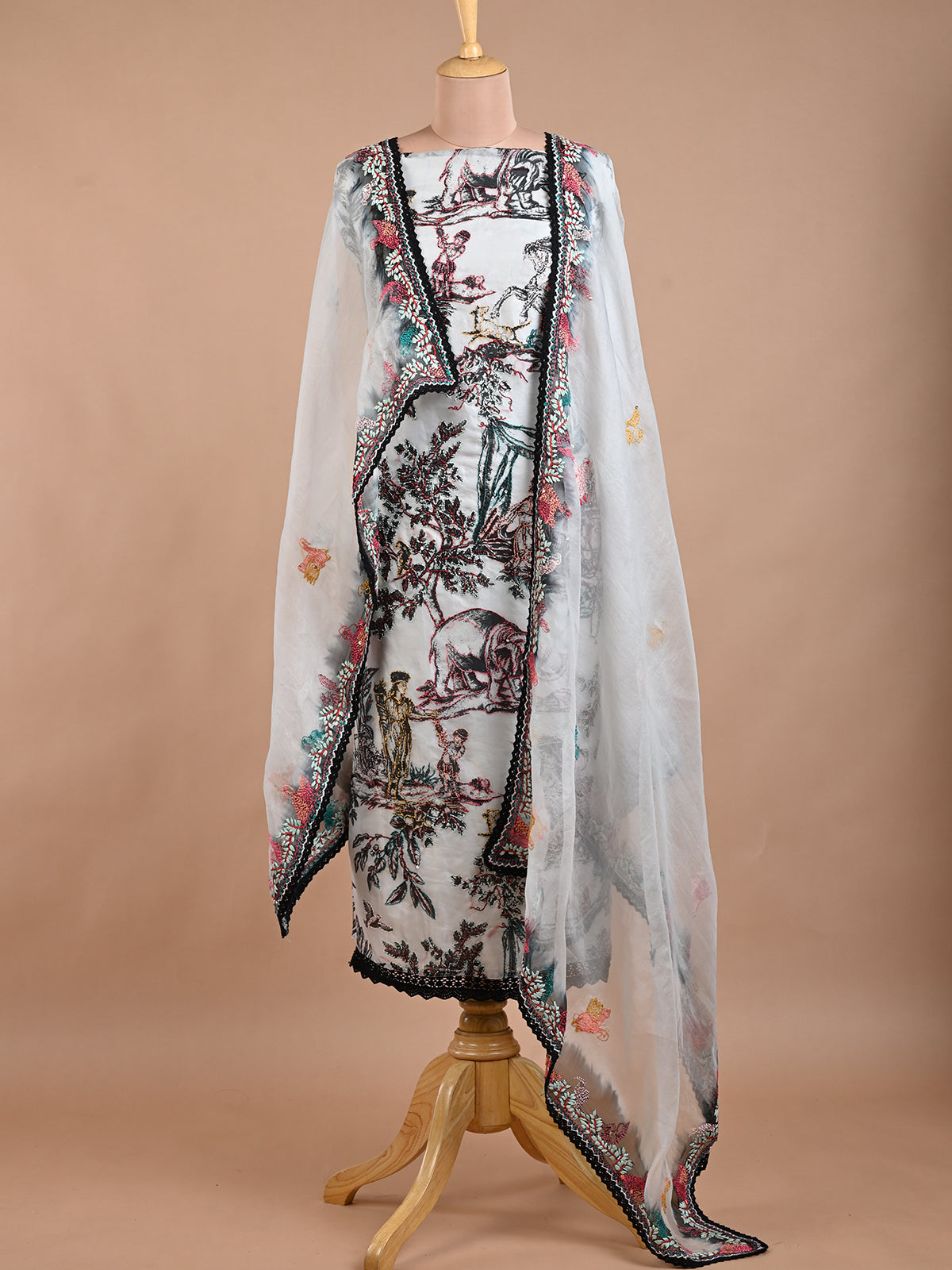 Organza Black & White Kurta Set with Resham Embroidery - Unstitched