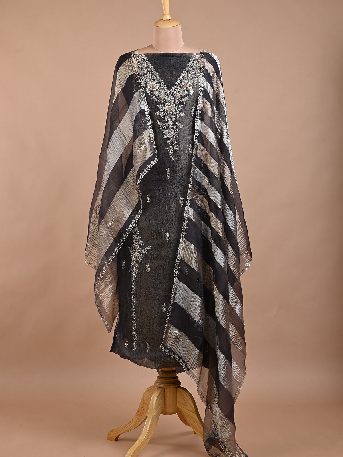 Black Tissue Kurta Set with Zardozi Work - Unstitched