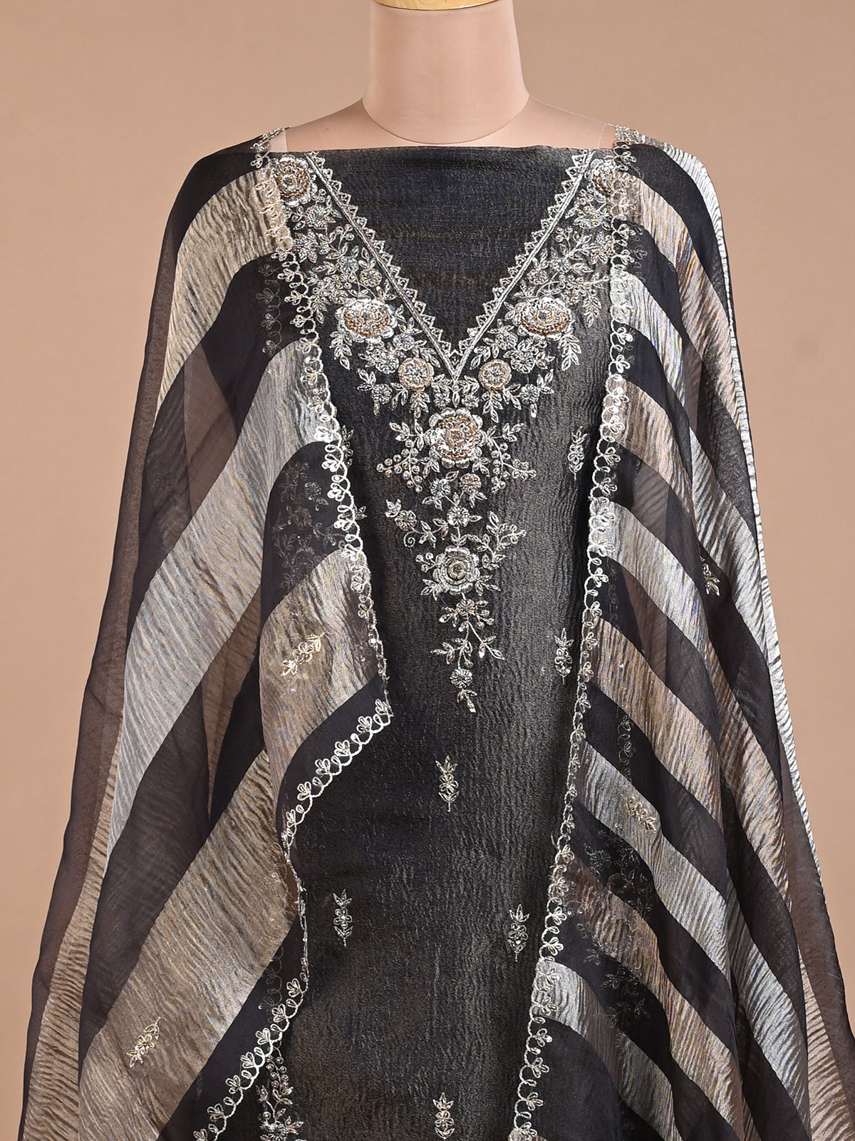 Black Tissue Kurta Set with Zardozi Work - Unstitched