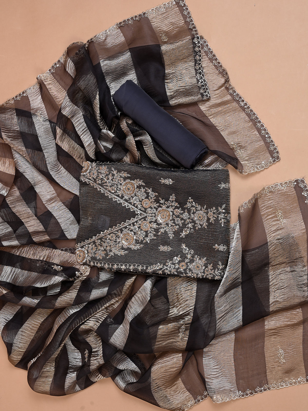 Black Tissue Kurta Set with Zardozi Work - Unstitched