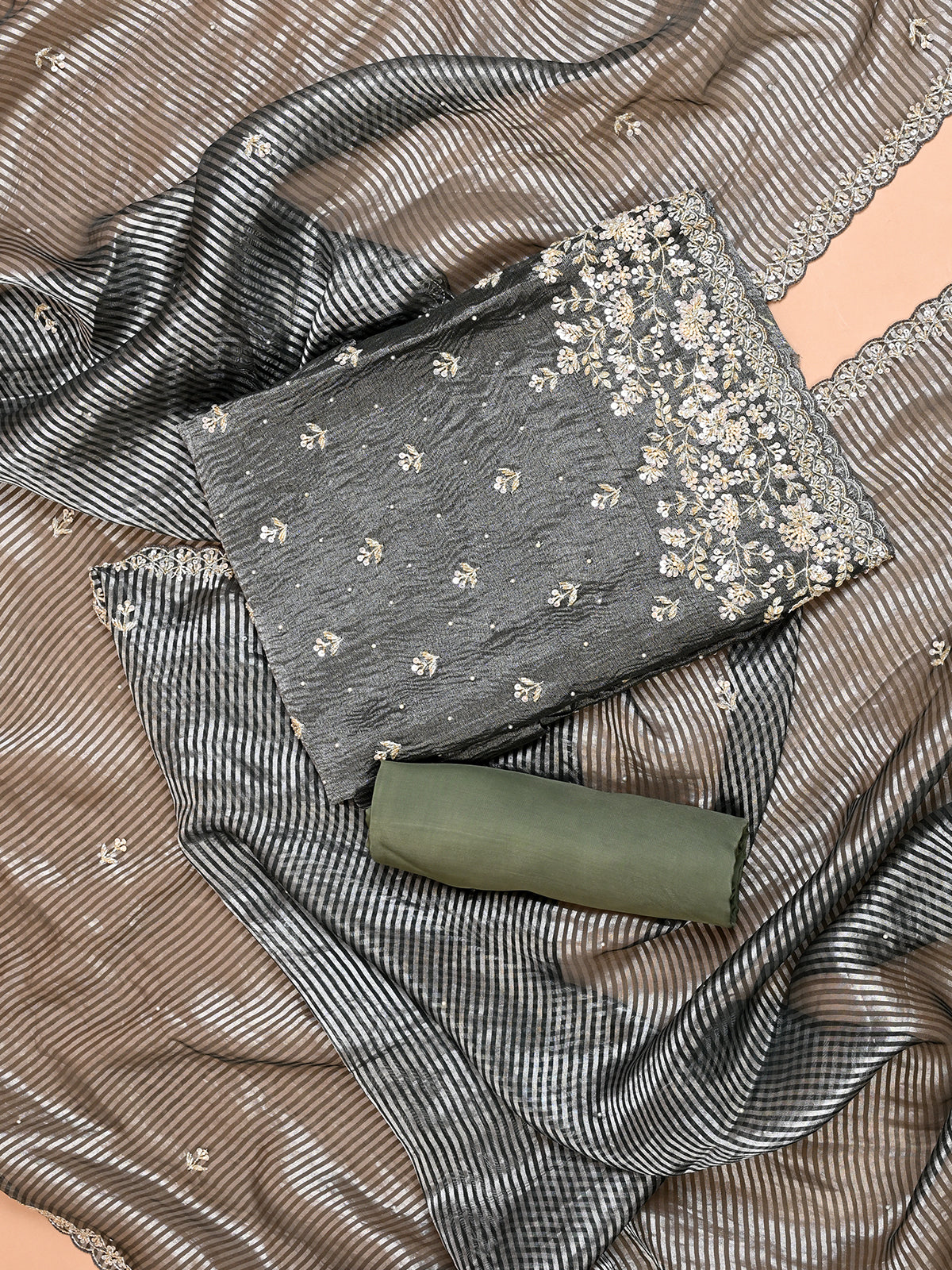Deep Green Tissue Cutdana & Sequinned Kurta Set - Unstitched