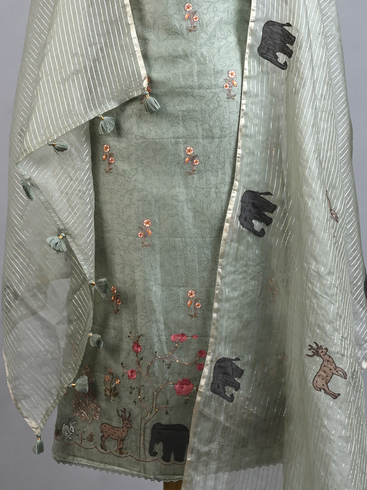 Stylish & Designer Green Appliqued Organza Kurta Set - Unstitched