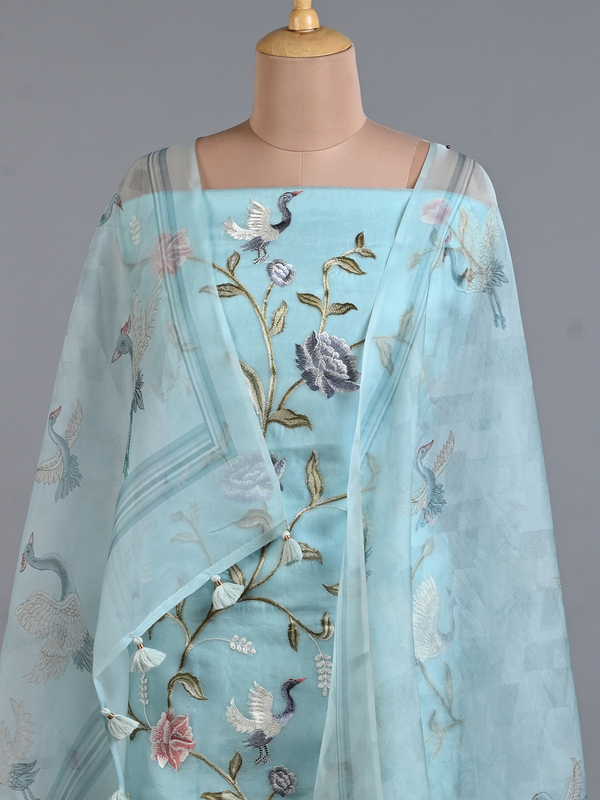 Parsi Embroidered Elegant Light Blue Organza Kurta Set - Unstitched