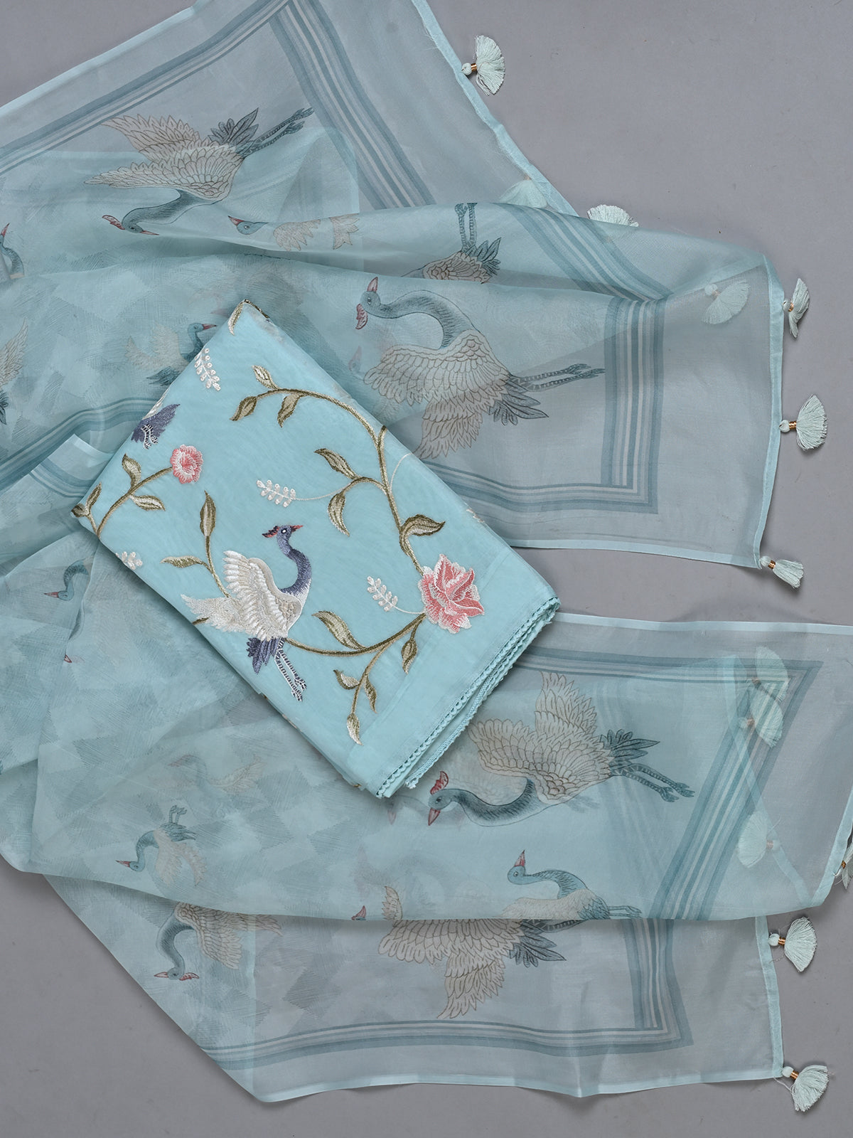 Parsi Embroidered Elegant Light Blue Organza Kurta Set - Unstitched