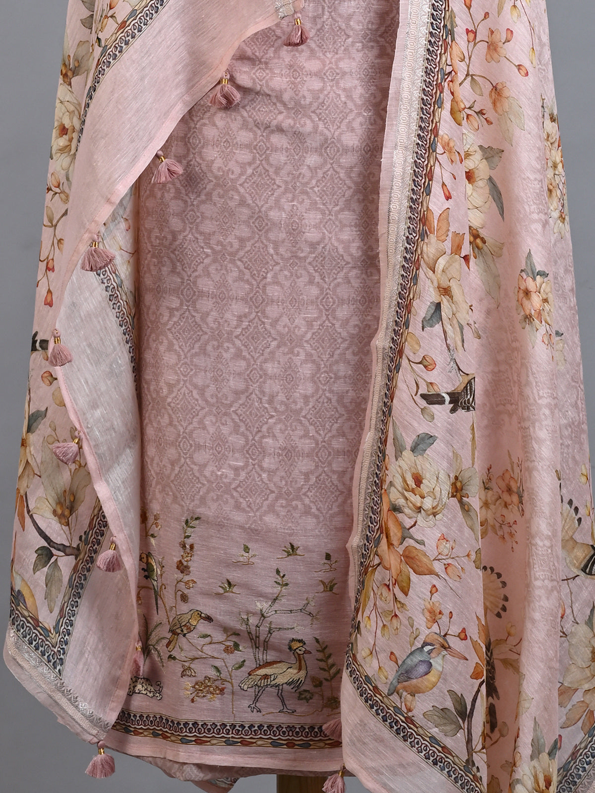 Organza Pink Printed Kurta Set with Embroidered Work - Unstitched