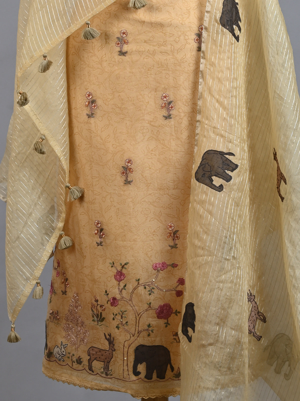 Stylish & Designer Yellow Appliqued Organza Kurta Set - Unstitched