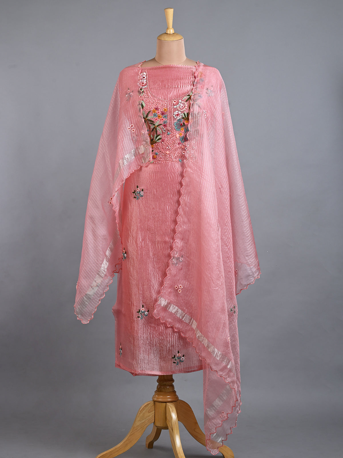 Pink Tissue Cutdana Kurta Set with Resham Work - Unstitched