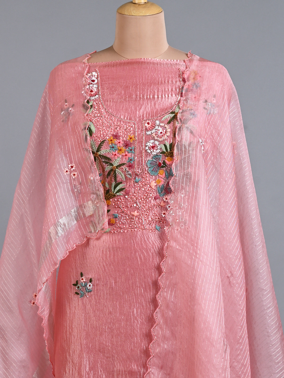 Pink Tissue Cutdana Kurta Set with Resham Work - Unstitched