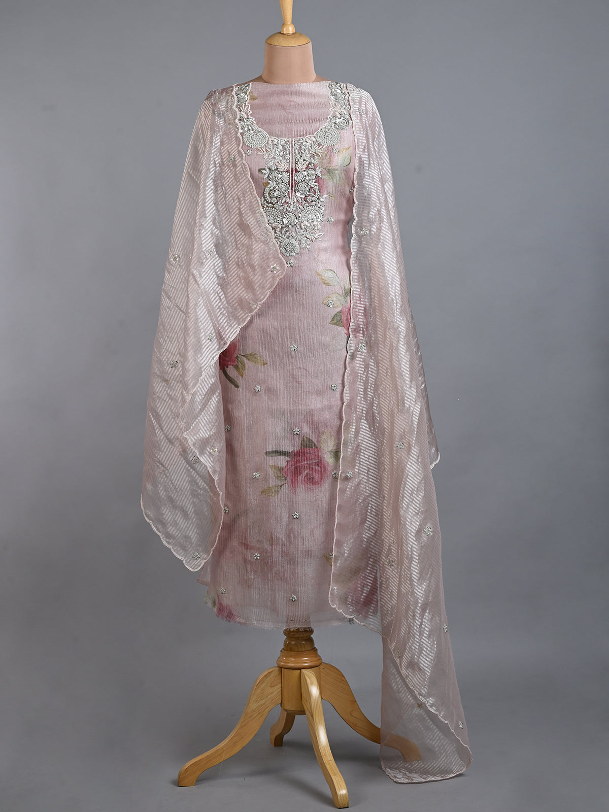 Sequins Detailed Pink Tissue Kurta Embroidred with Resham Work - Unstitched