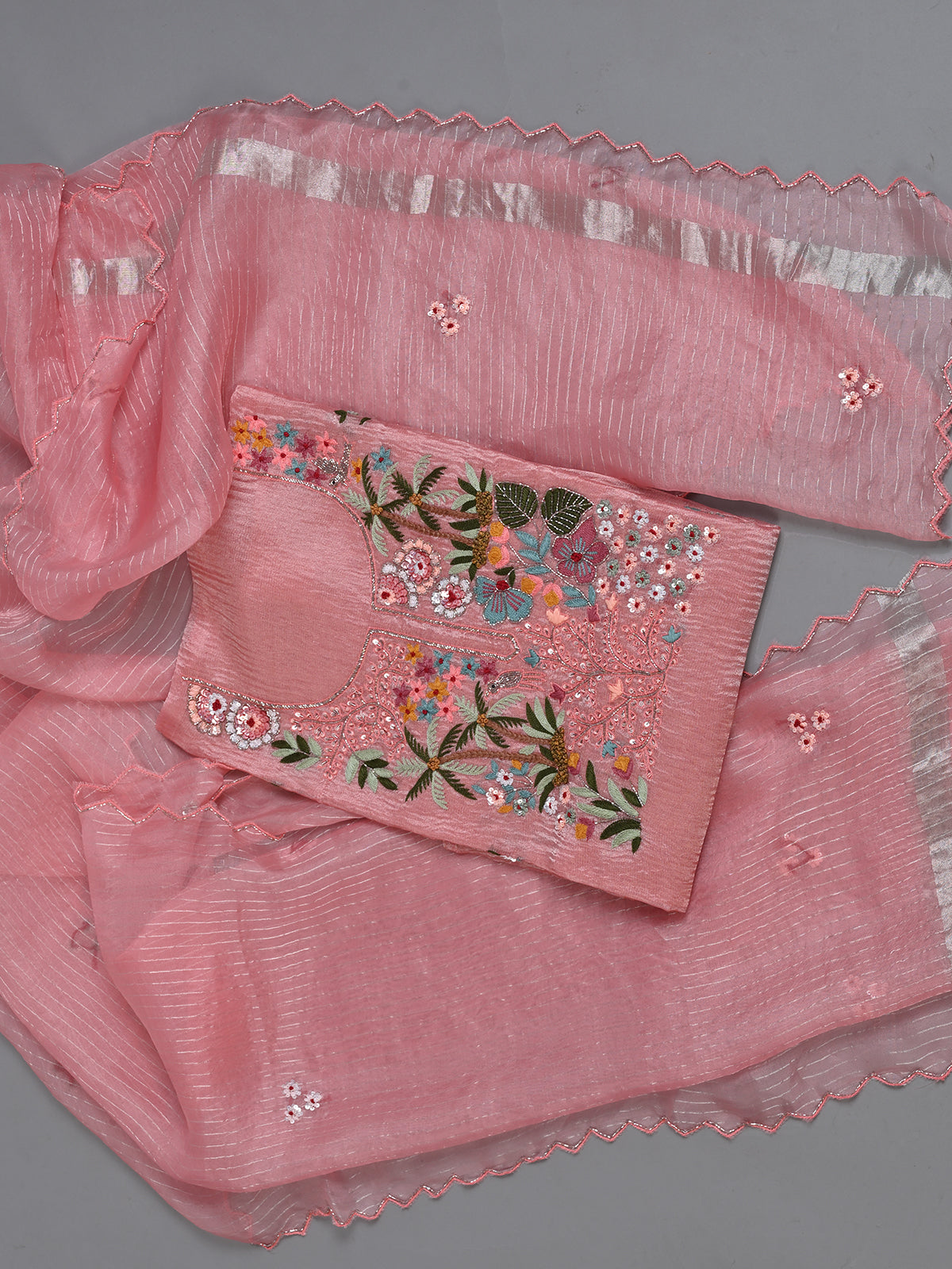 Pink Tissue Cutdana Kurta Set with Resham Work - Unstitched