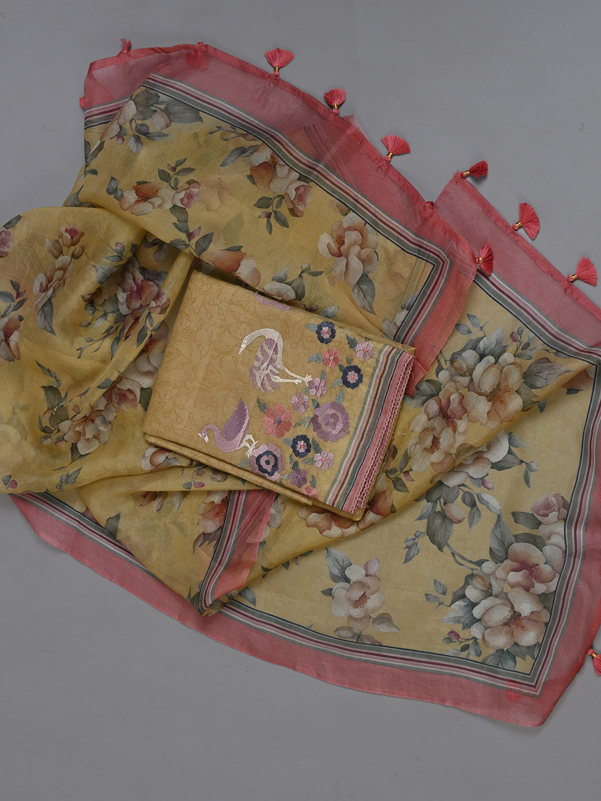 Organza Yellow Printed Kurta Set Embroidered with Resham Work - Unstitched