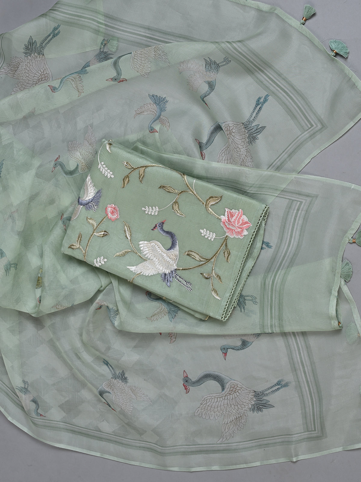 Green Embroidered Organza Kurta Set - Unstitched