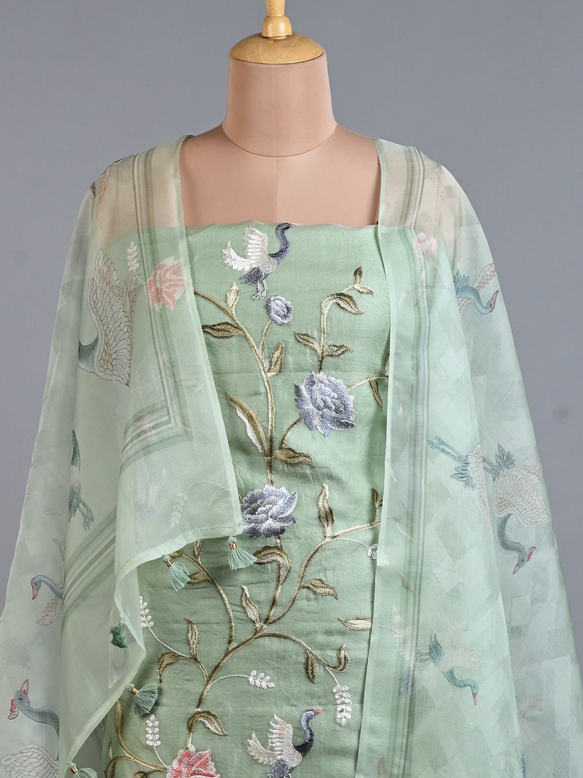 Green Embroidered Organza Kurta Set - Unstitched