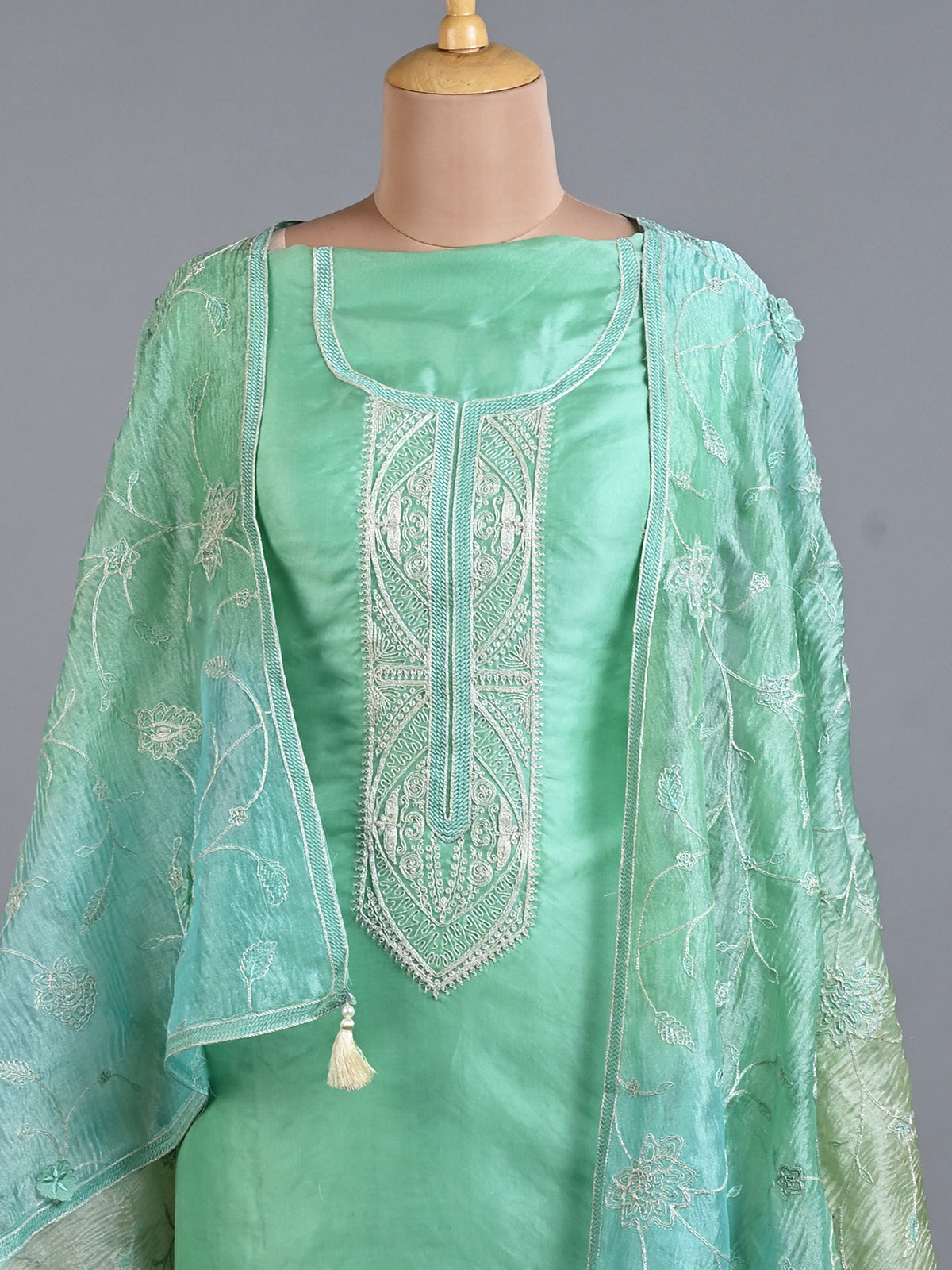 Green Organza Kurta Set with Embroidered Work - Unstitched