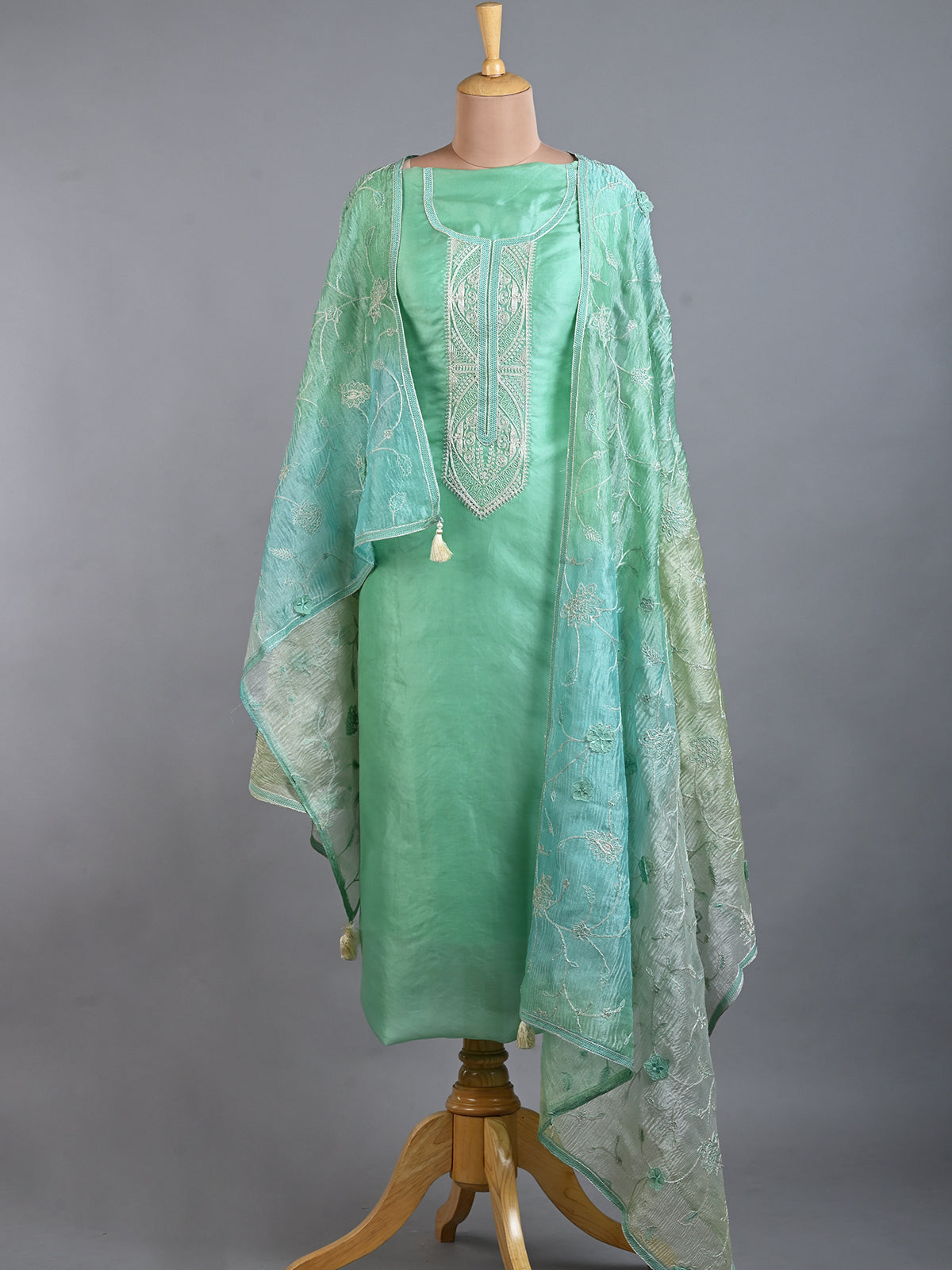 Green Organza Kurta Set with Embroidered Work - Unstitched