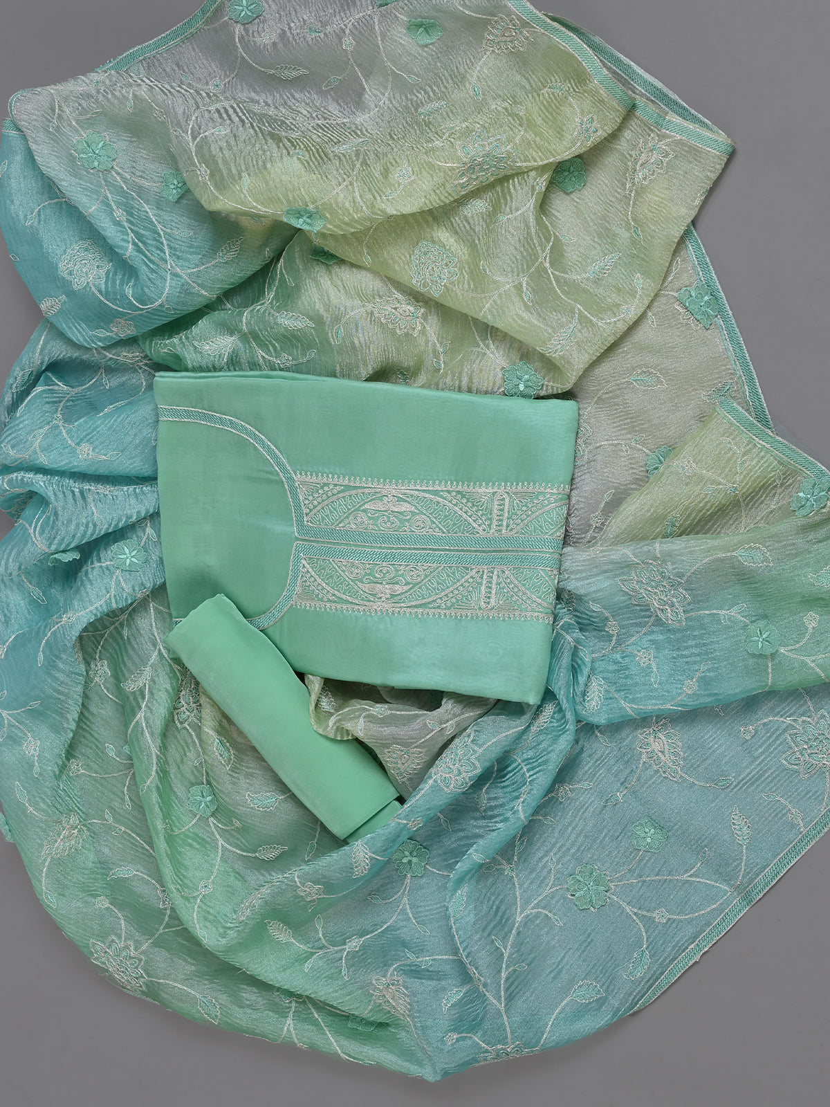 Green Organza Kurta Set with Embroidered Work - Unstitched