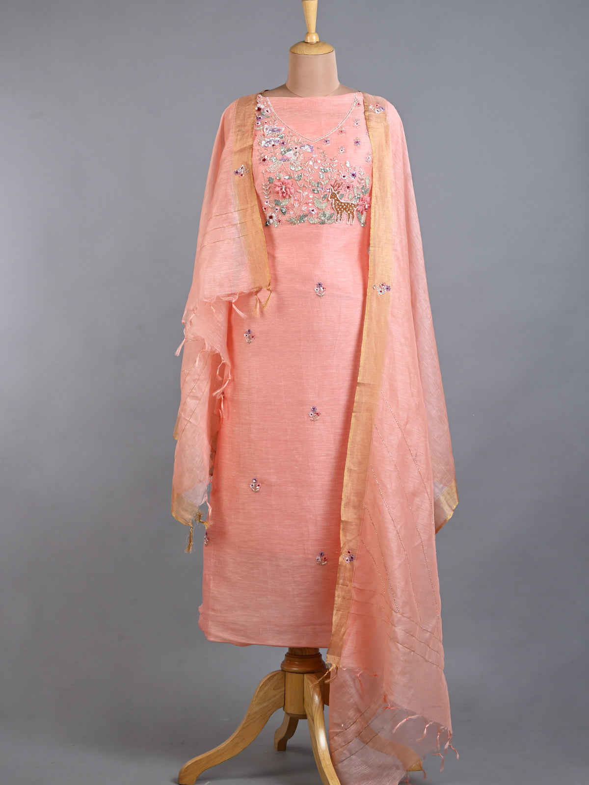 Peach Linen Cutdana Kurta Set with Resham & Sequins Details - Unstitched