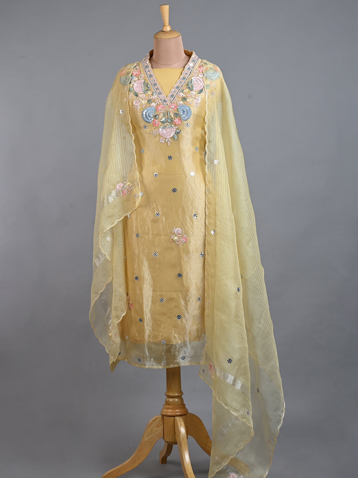 Sequins Detailed Yellow Tissue Kurta Embroidred with Resham Work - Unstitched