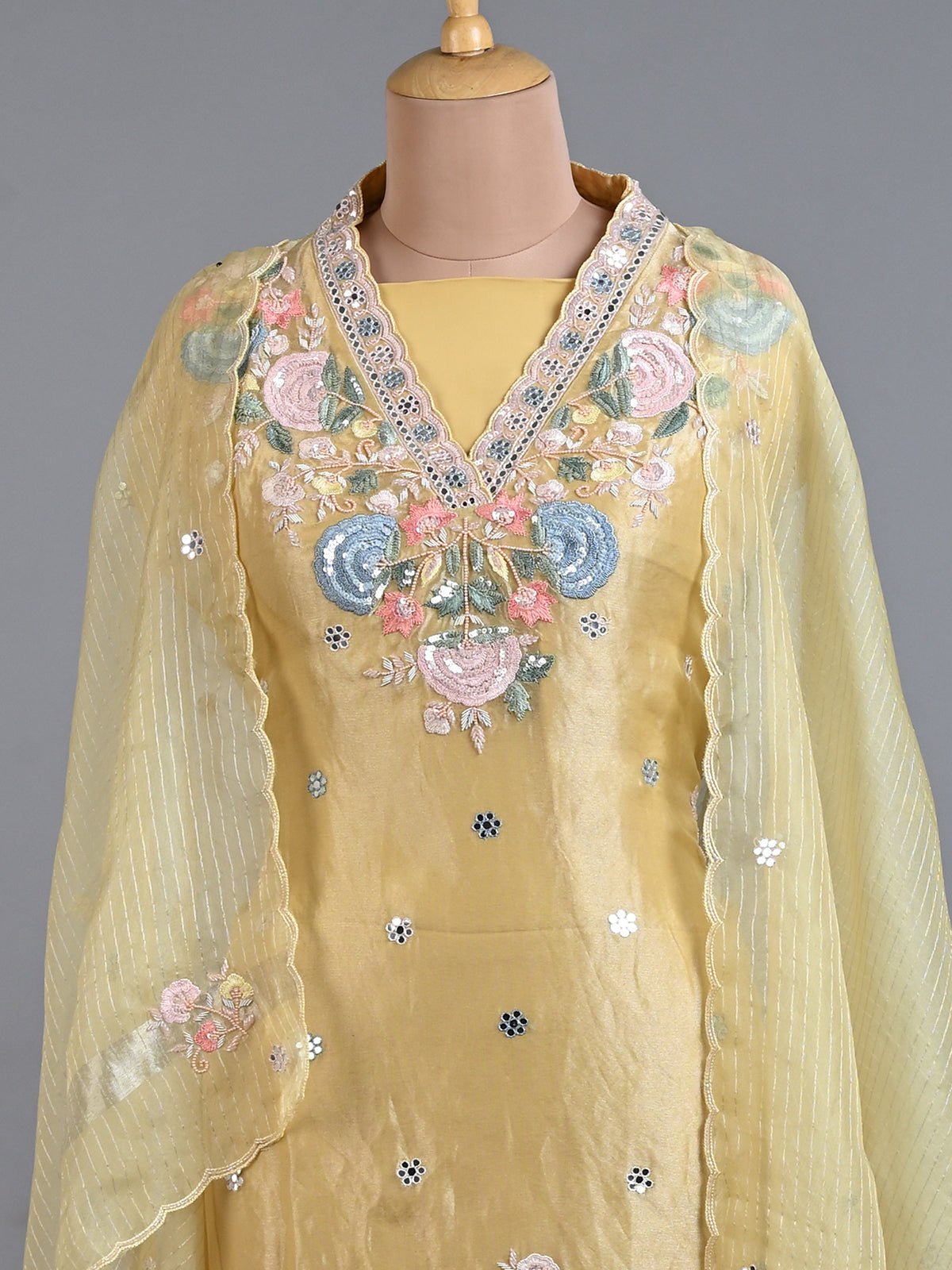 Sequins Detailed Yellow Tissue Kurta Embroidred with Resham Work - Unstitched