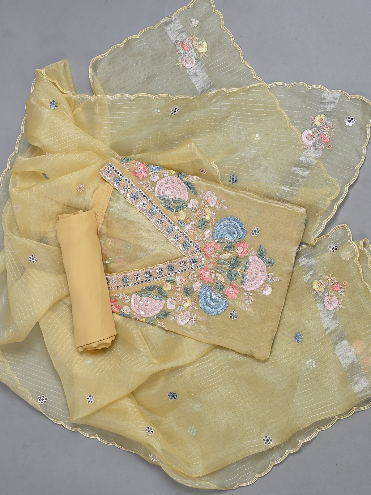 Sequins Detailed Yellow Tissue Kurta Embroidred with Resham Work - Unstitched