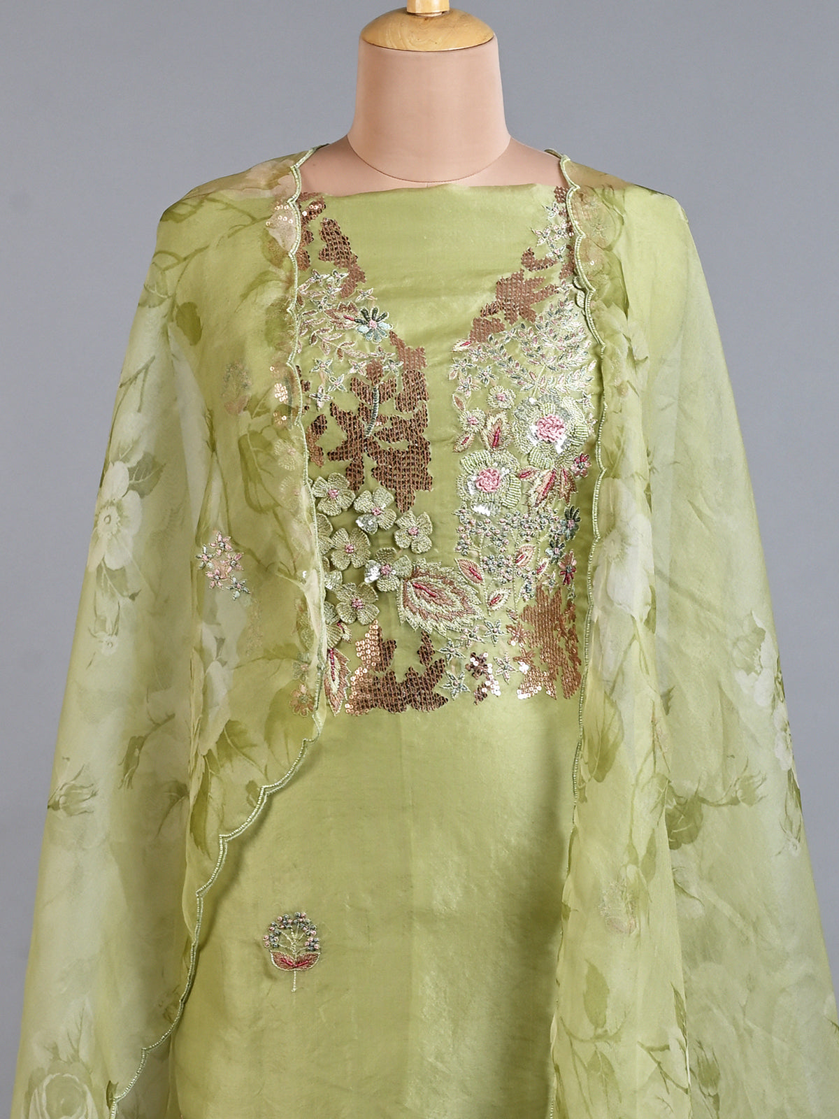 Organza Sage Green Sequinned Kurta Set with Applique Work - Unstitched