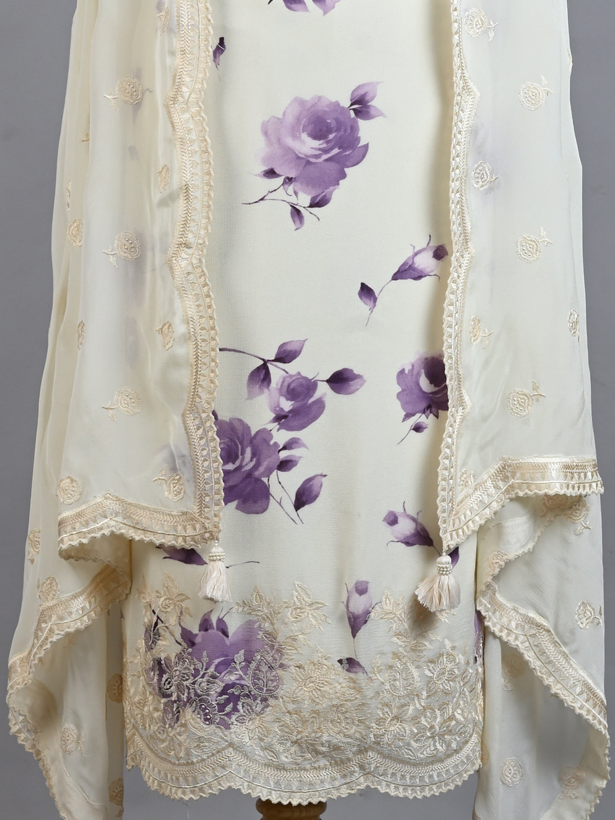 White & Purple Printed Embroidered Kurta Set - Unstitched