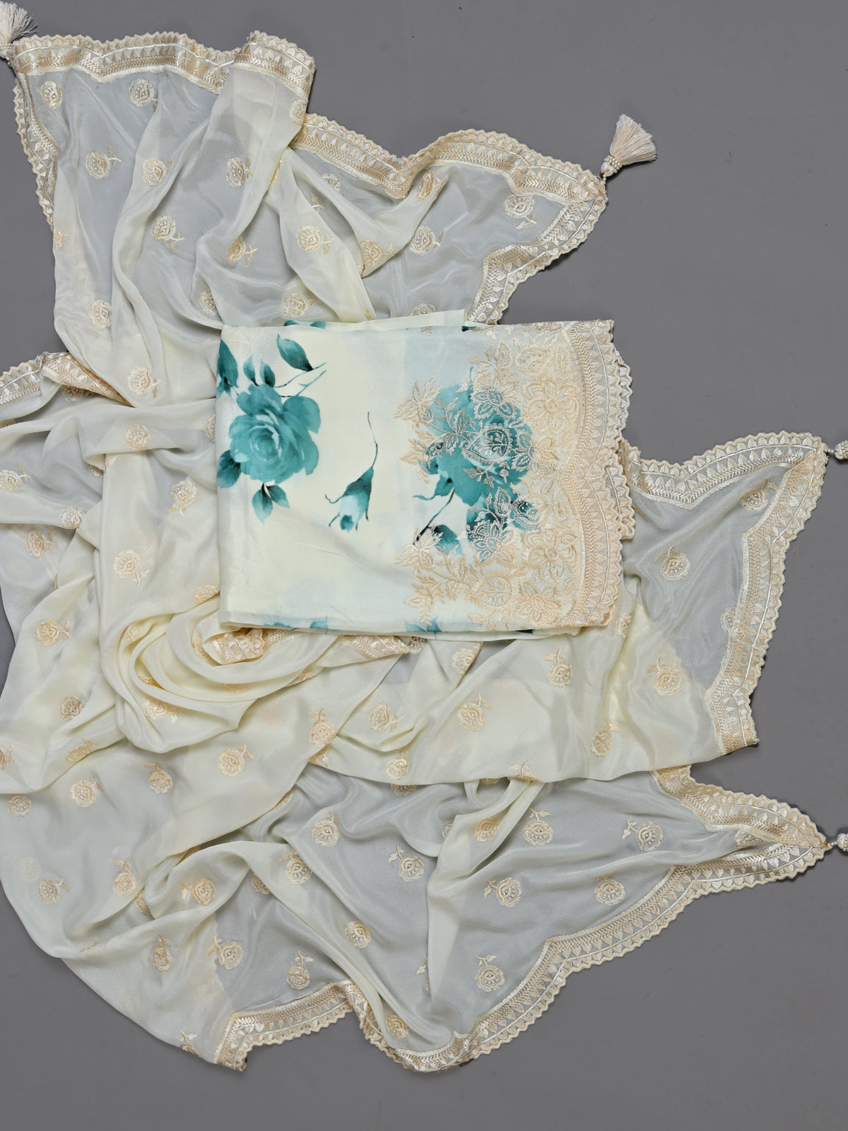 White & Blue Printed Embroidered Kurta Set - Unstitched